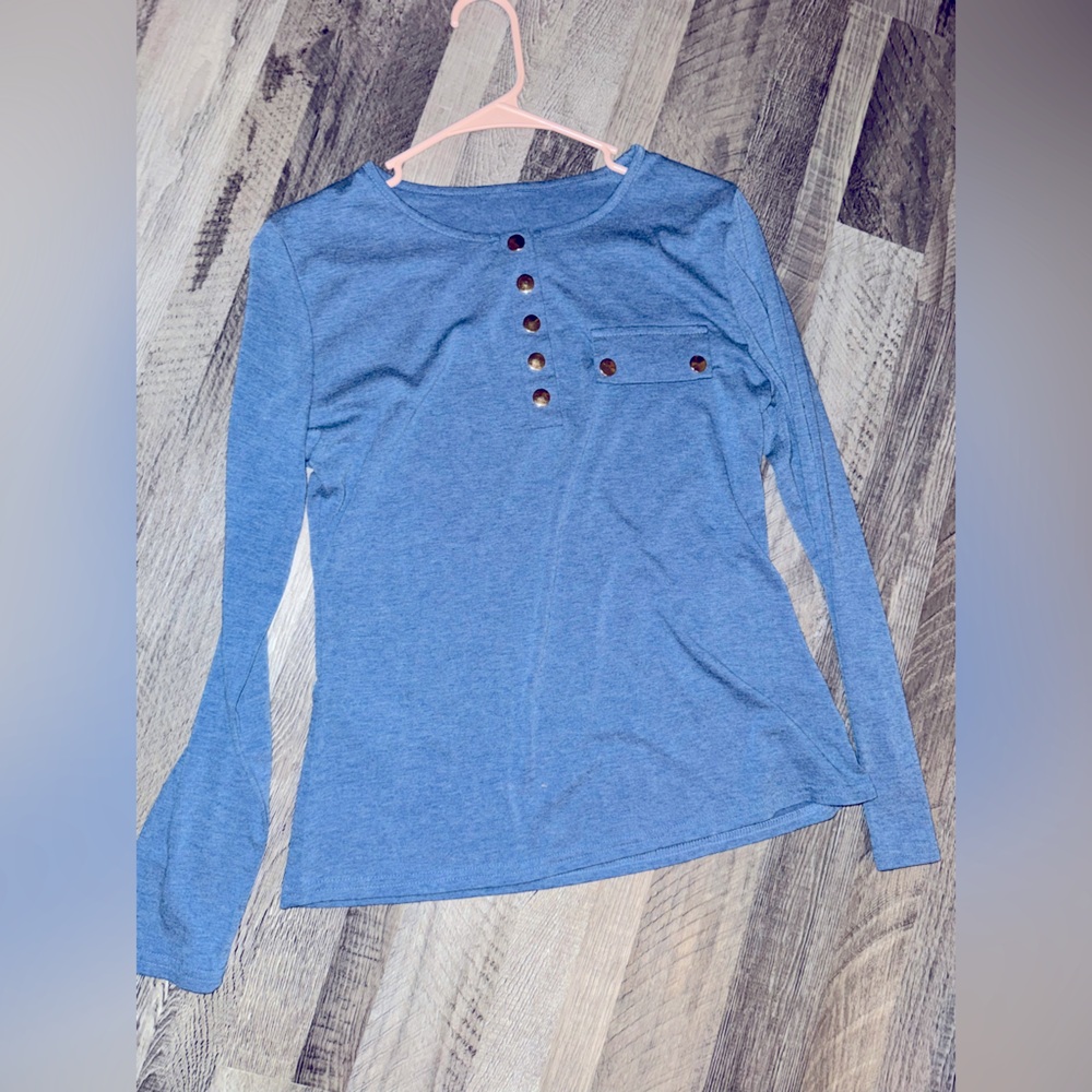 Solid V Neck Button T-shirt, Casual Long Sleeve Top, Women's Clothing
